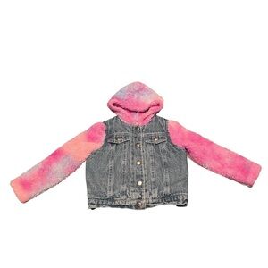 Baby Sara Pink/Blue Fuzzy Sleeve Heart Snap Up Hybrid Hooded Jean Jacket Size 4